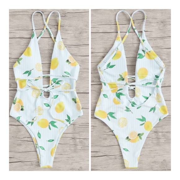 Other - LAST 1! Lemon Print Striped One Piece Swimsuit